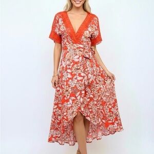 RED FLORAL COASTAL COWGIRL WRAP DRESS
